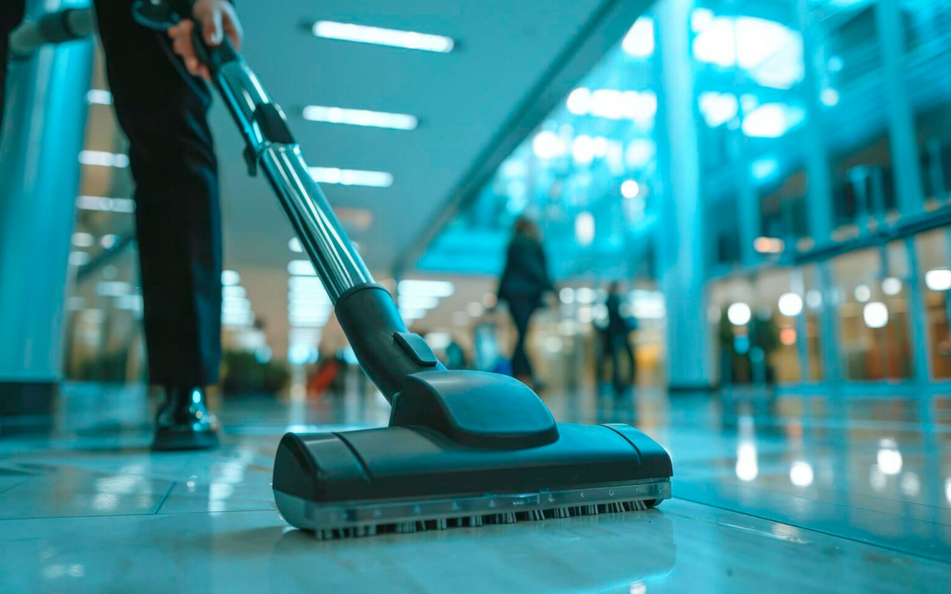 Equipo de limpieza en edificio moderno